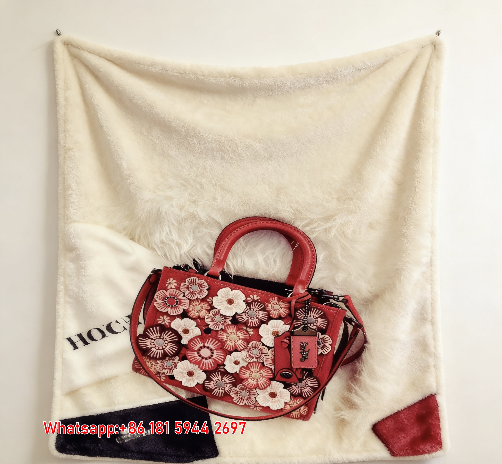 Coach Red Floral Applique Handbag Flannel Throw Blanket for Sofa and Wall Decor C354